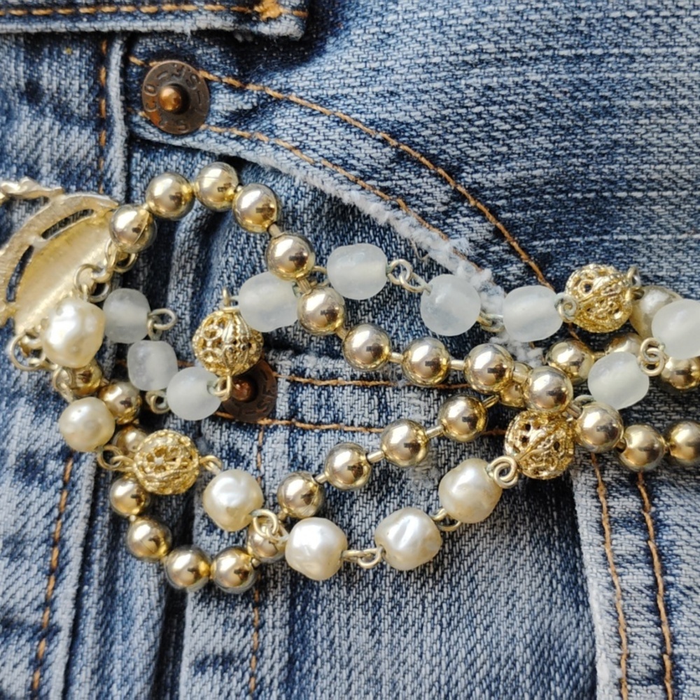 ⚜️ RARE HTF VINTAGE GOLD BEADS, PEARLS GLASS, FILLIGREE Bracelet